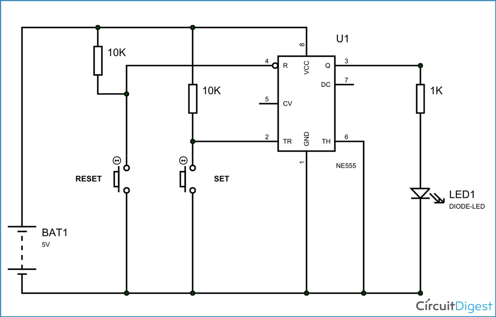1 Bit Memory Cell using 555 Timer IC - Circuit Diagram