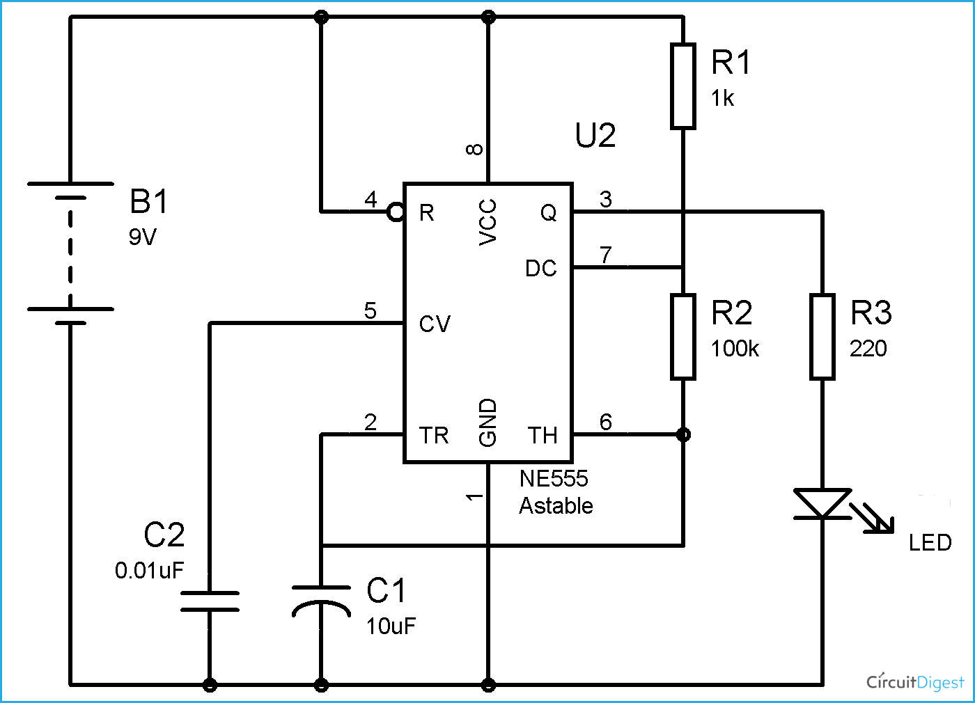 555 Timer Astable Multivibrator Circuit Diagram
