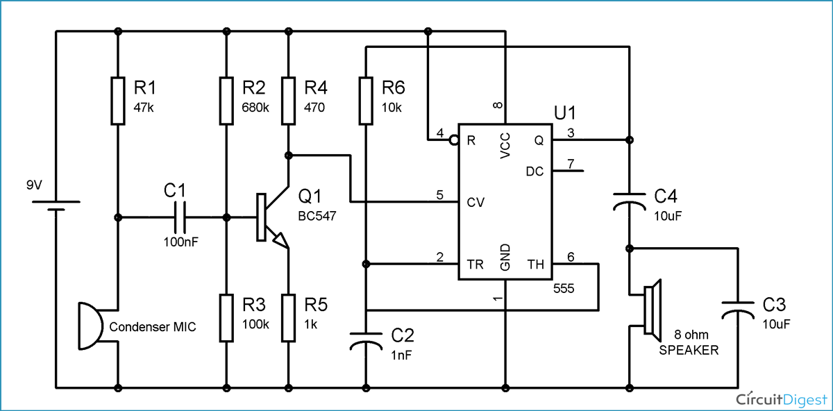 Simple Audio Amplifier Circuit Diagram using 555 Timer IC