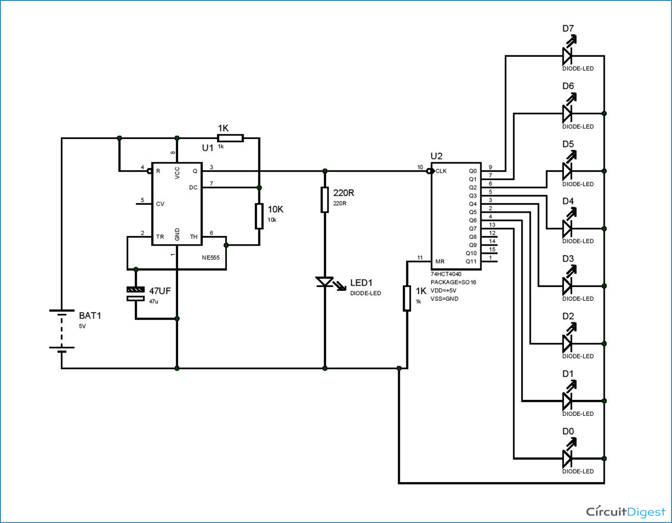 Binary Counter Circuit Diagram using IC 555 Timer