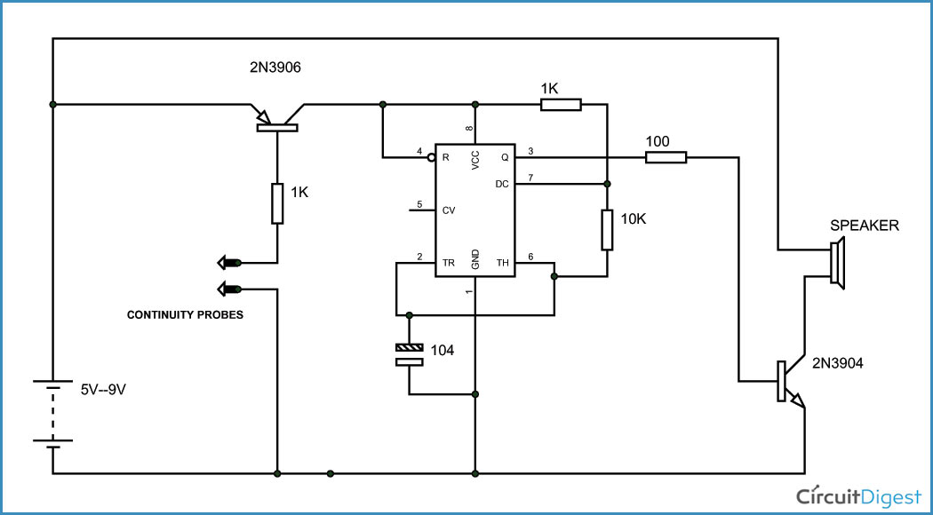 Continuity Tester Circuit Diagram using 555 Timer IC