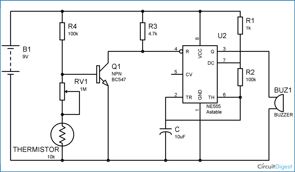 Fire Alarm Circuit Diagram using Thermistor