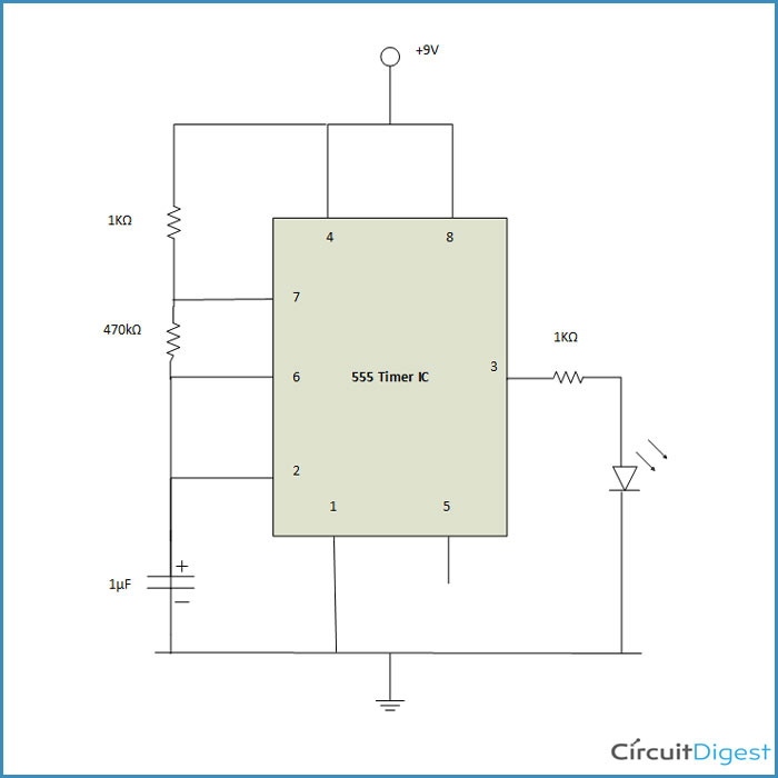 Flashing LED Circuit Diagram using 555 Timer IC