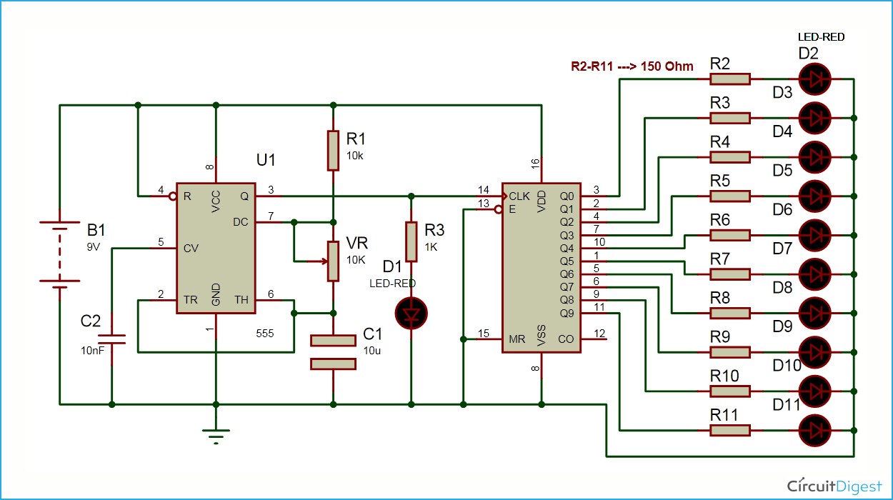 LED Chaser Circuit Diagram using IC 555 and CD 4017