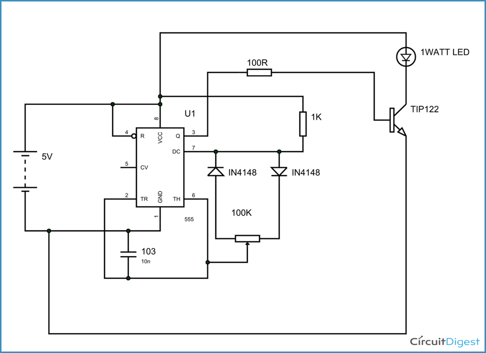 PWM LED Dimmer Circuit Diagram using IC 555 Timer