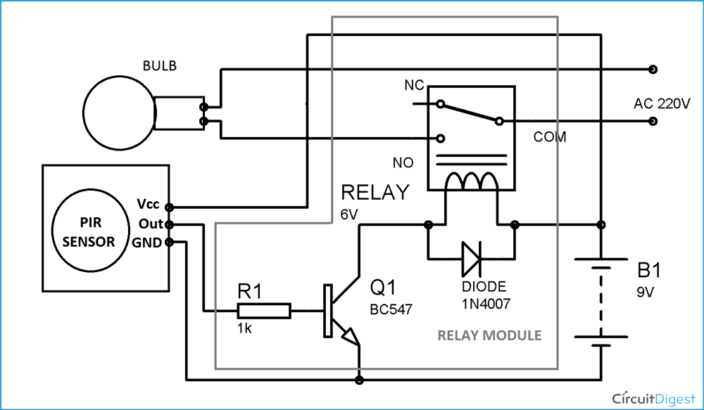 Automatic Room Lights using PIR Sensor and Relay: Circuit Diagram