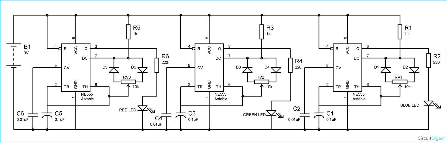 RGB LED Bulb Circuit Diagram using 555 Timer ICs