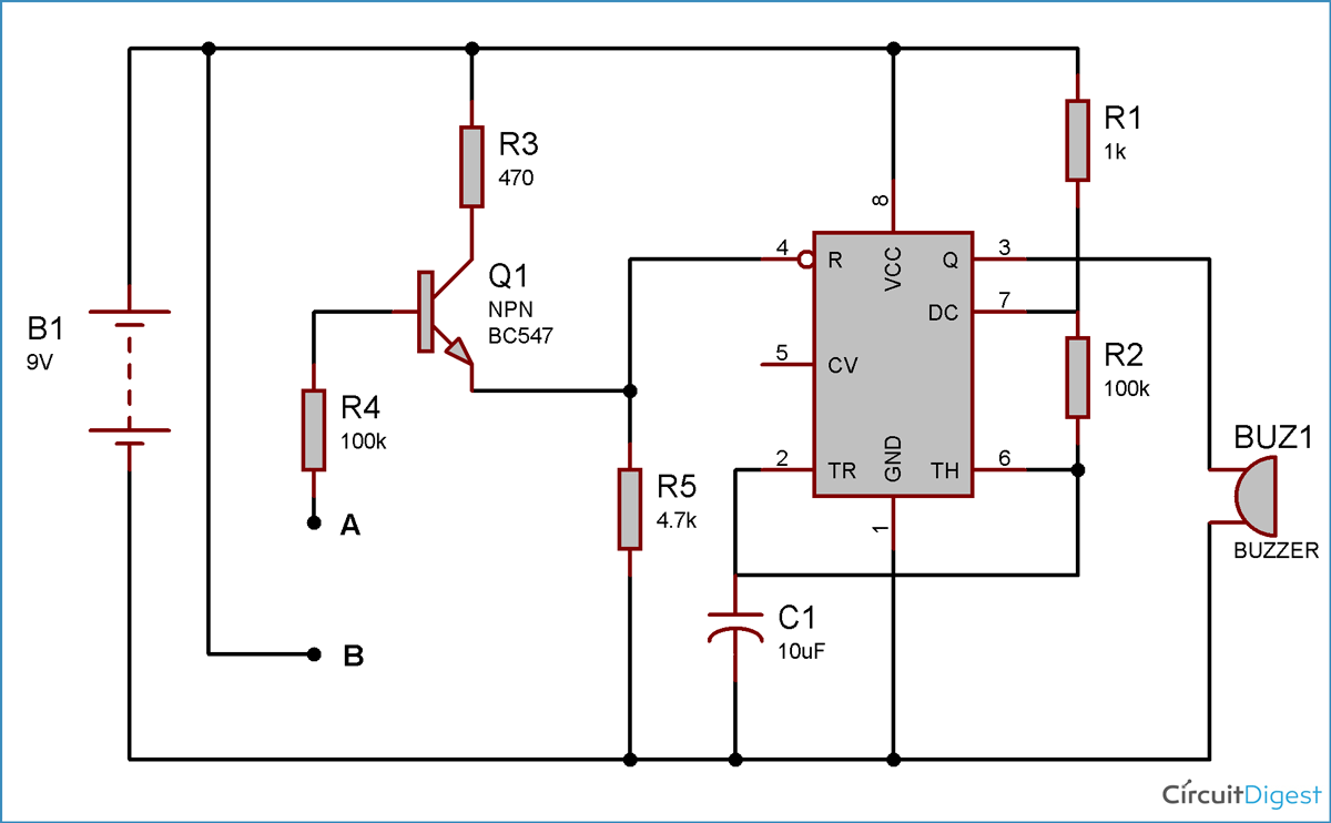 Rain Alarm Circuit Diagram using IC 555 Timer
