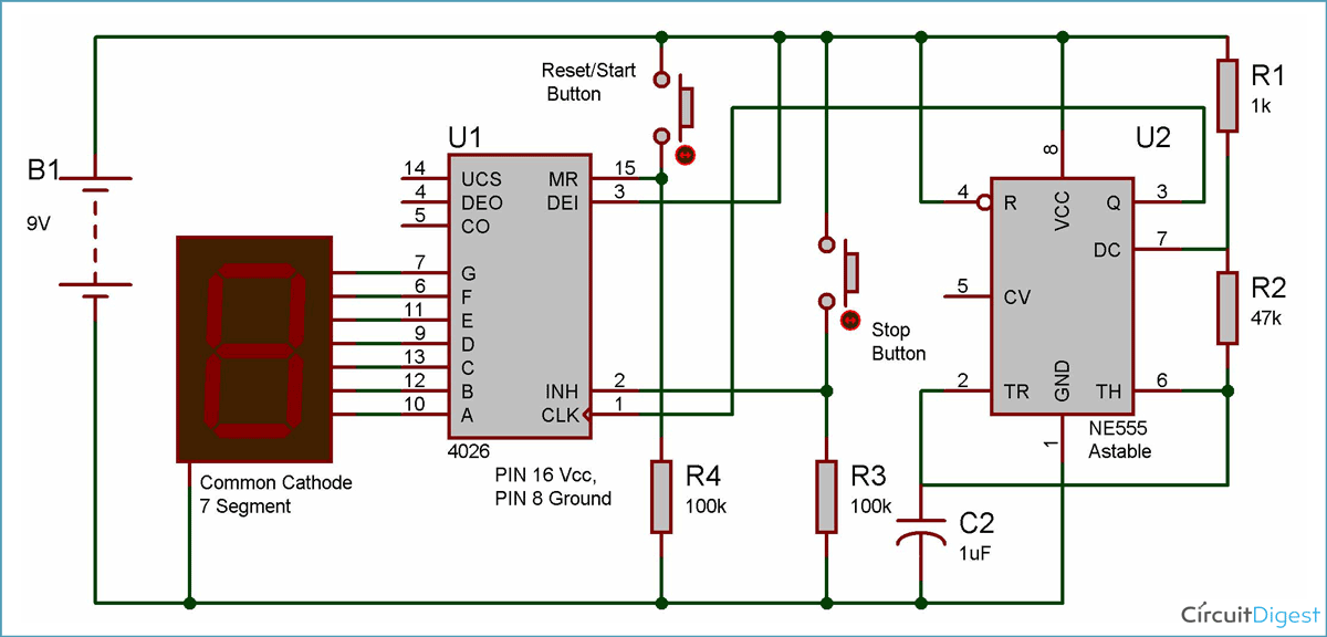 Reaction Timer Game Circuit Diagram using IC 555 and IC 4026