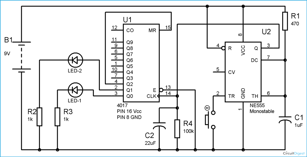 Toggle Switch Circuit Diagram using 555 Timer IC