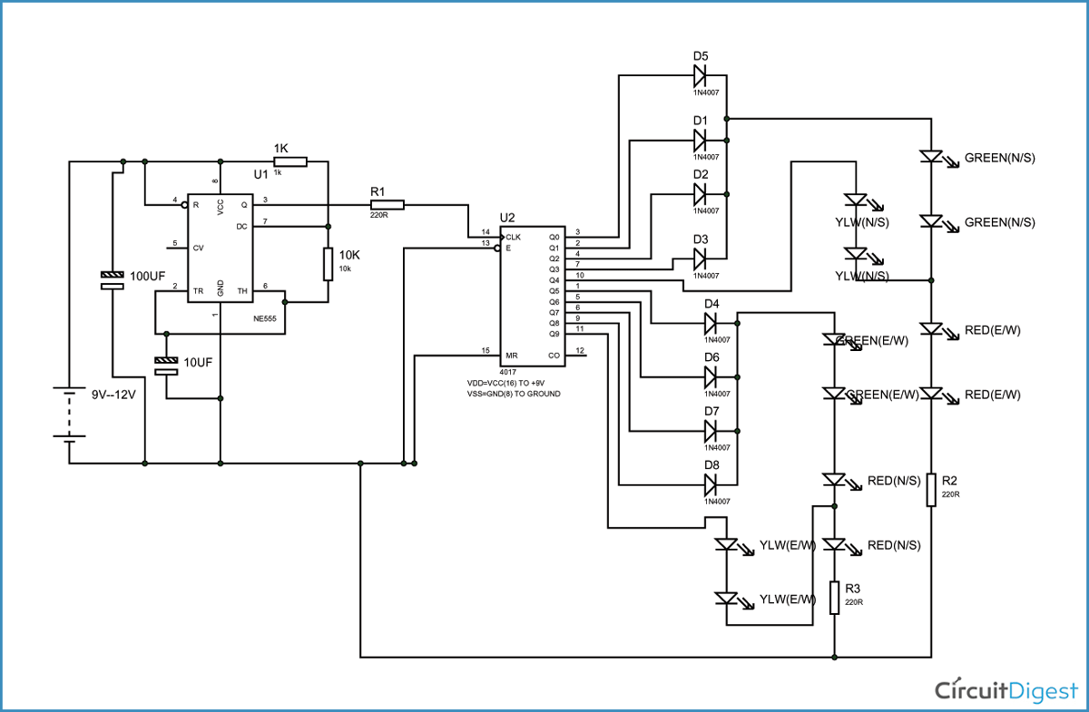 Traffic Light Circuit Diagram using 555 Timer IC