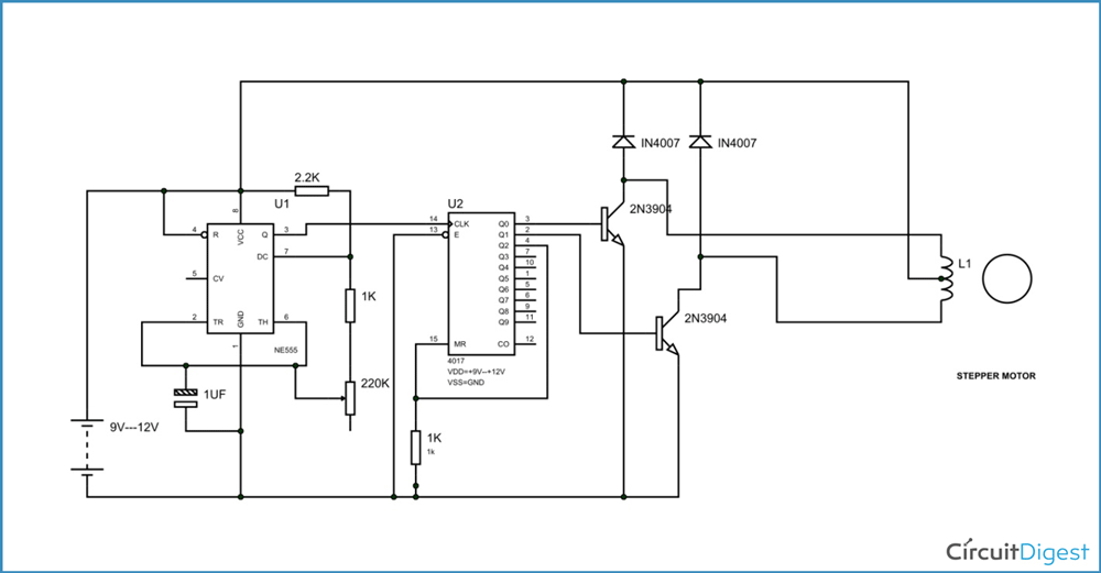 Simple Stepper Motor Driver Circuit Diagram using 555 Timer IC