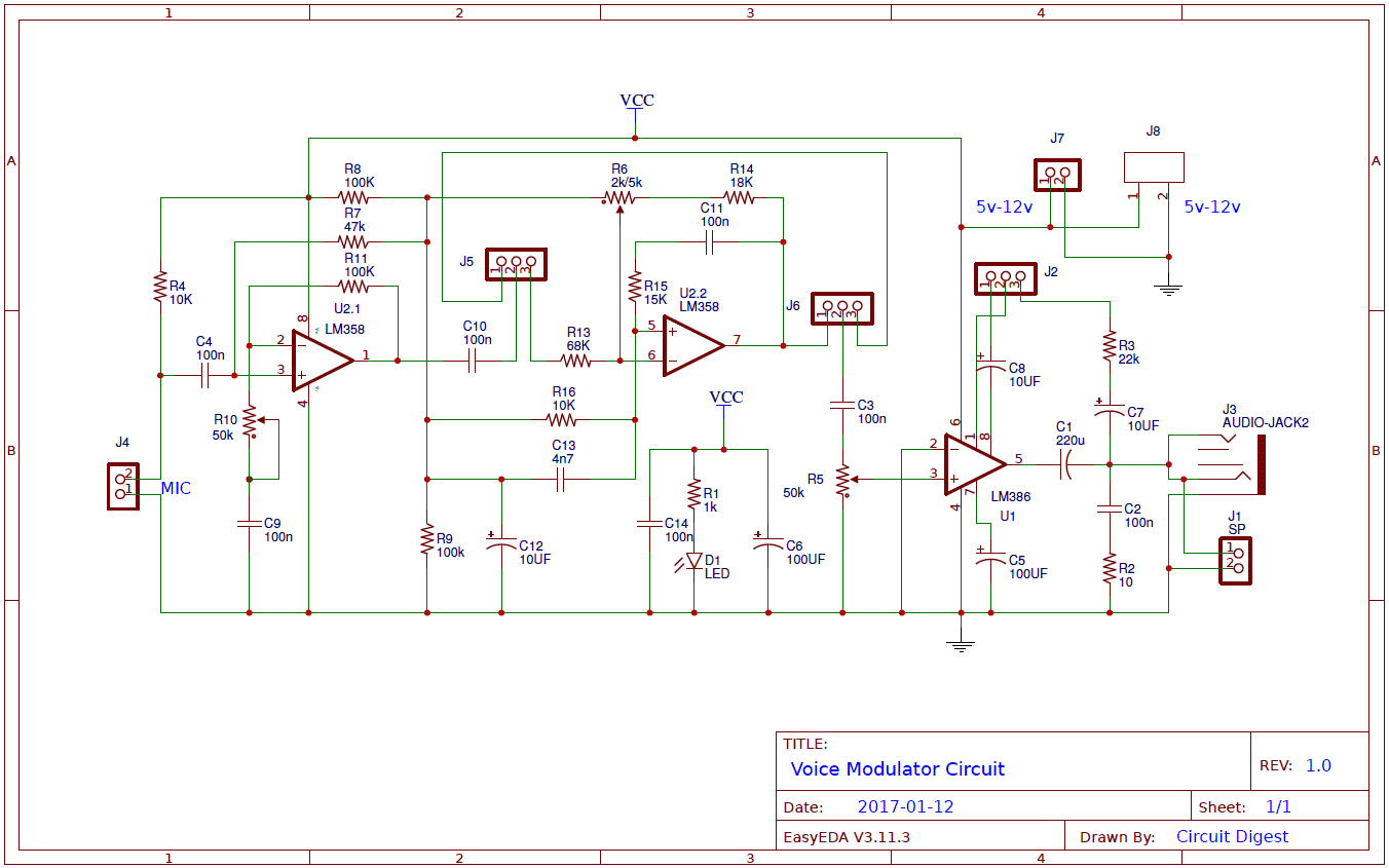 Voice-Modulator-using-LM358-and-LM386-circuit-diagram