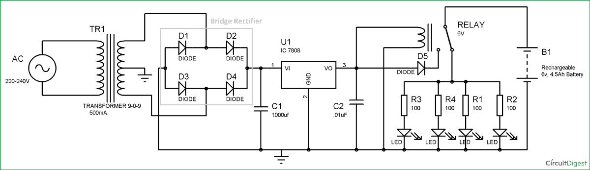 Automatic LED Emergency Light Circuit Diagram using LDR