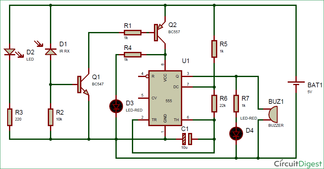 IR Detector using 555 Timer IC Circuit diagram