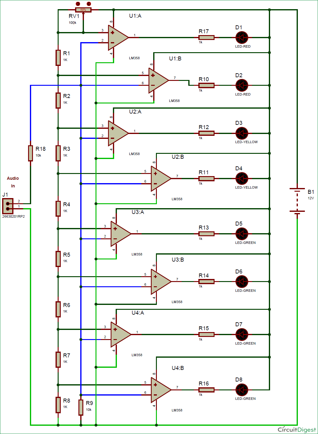 Simple VU Meter Circuit using LM358