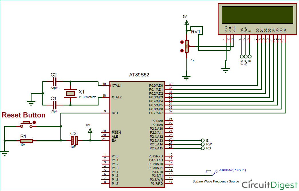 8051 Microcontroller based Frequency Counter Circuit diagram