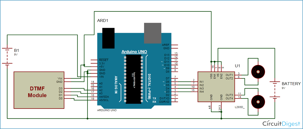 Arduino based DTMF Controlled Robot Circuit Diagram