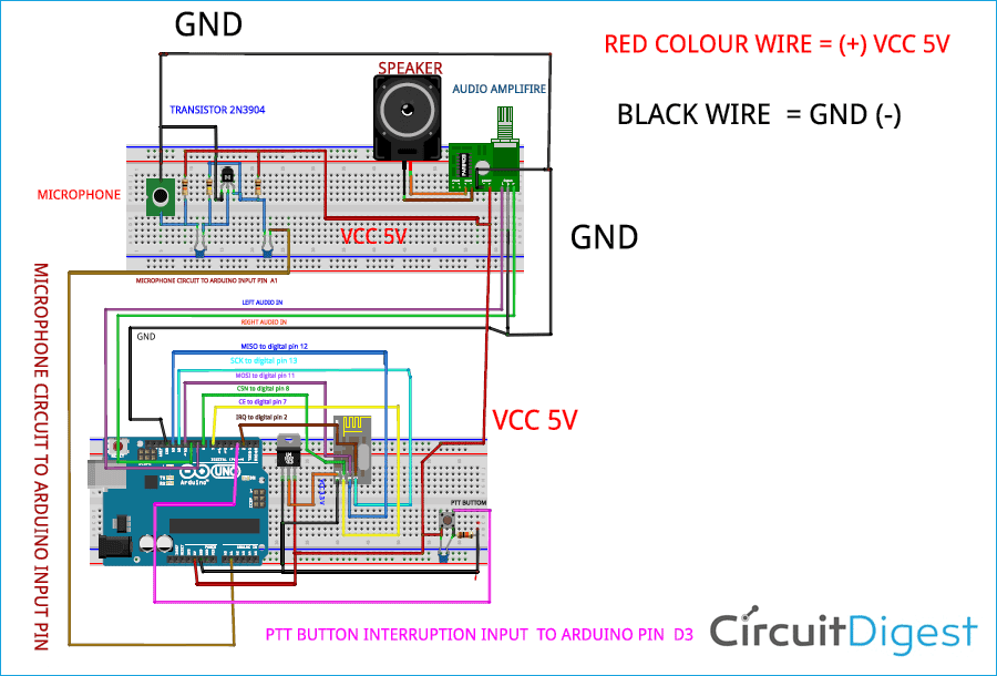Arduino Walkie Talkie using nRF24L01 Circuit Diagram