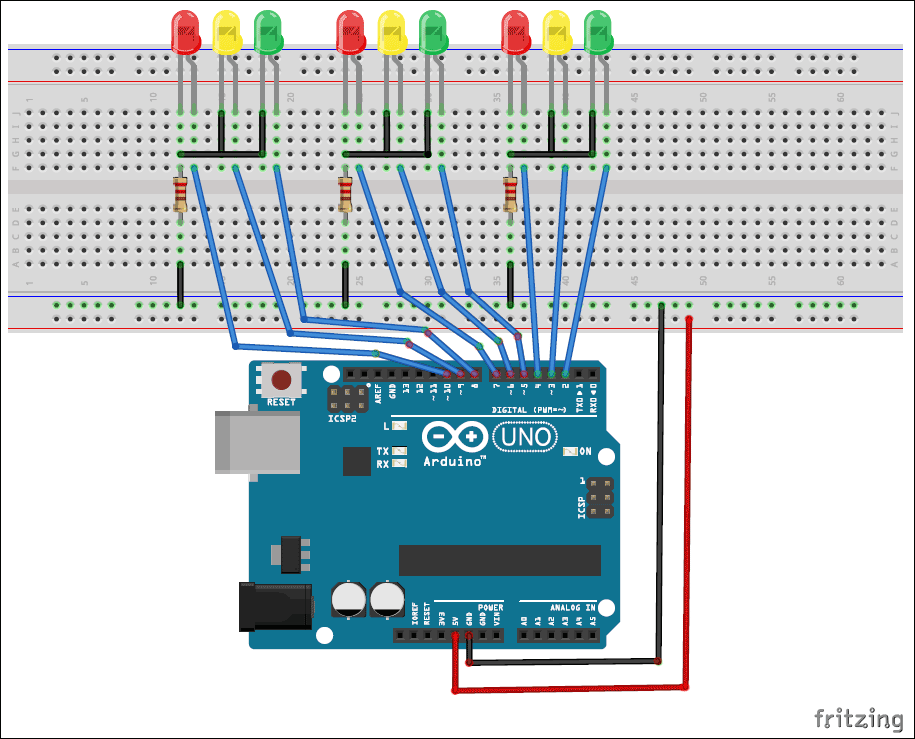 Arduino based 3-way Traffic light controller circuit
