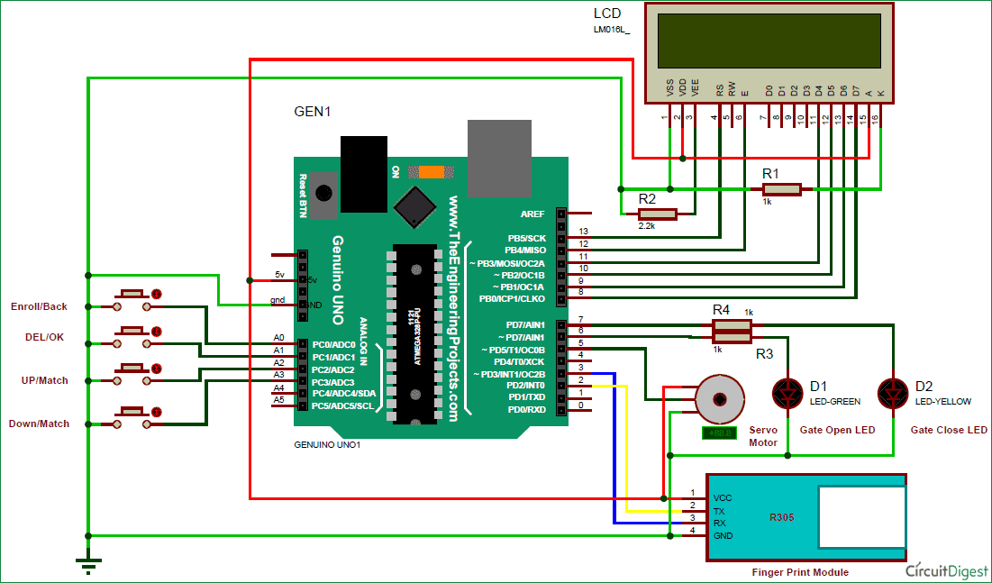 Arduino finger print sensor security system circuit diagram