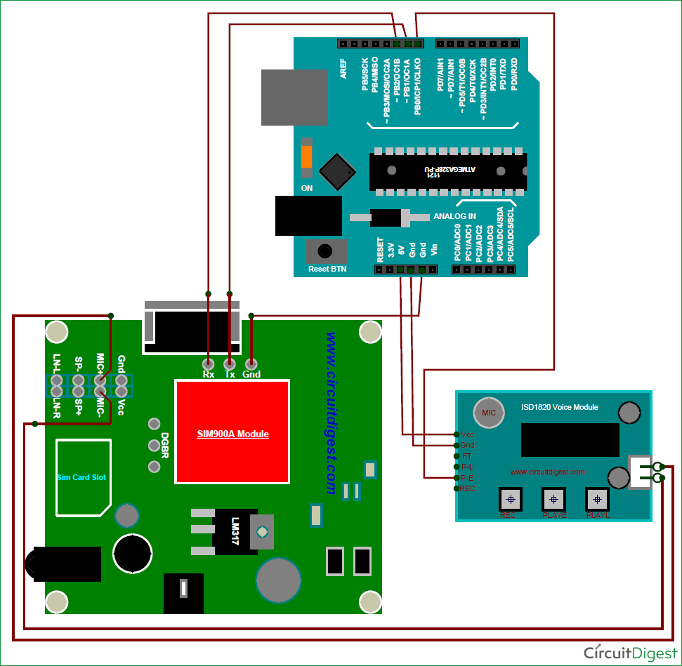 Automatic Call answering Machine using Arduino and GSM circuit diagram
