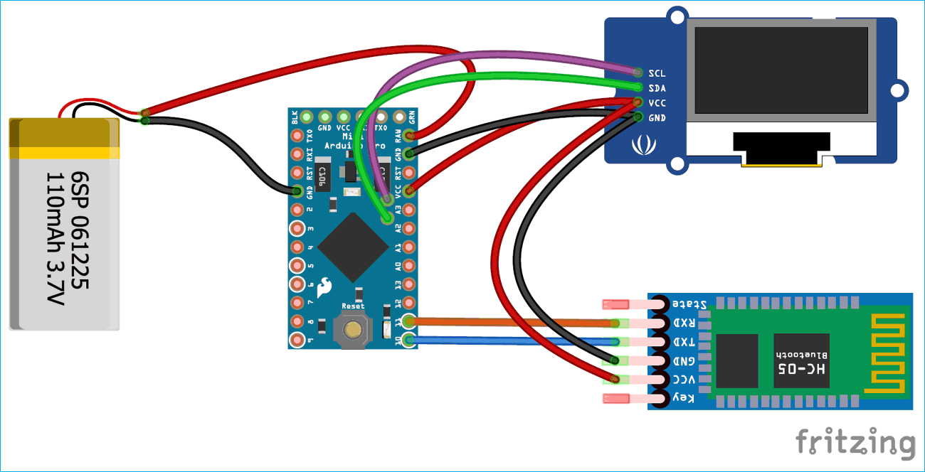 Circuit Diagram for Interfacing OLED display with Android Phone to build a Smart Watch