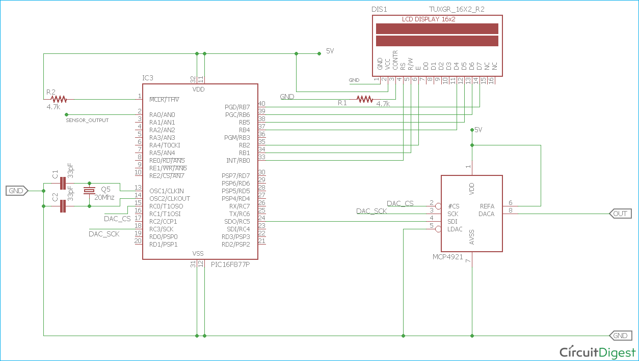 Circuit Diagram for DAC MCP4921 Interfacing with PIC Microcontroller PIC16F877A