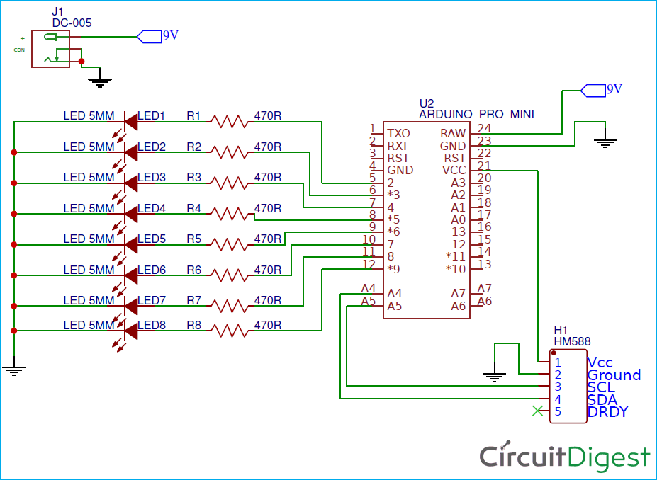 Arduino Digital Compass Circuit Diagram using HMC5883L Magnetometer