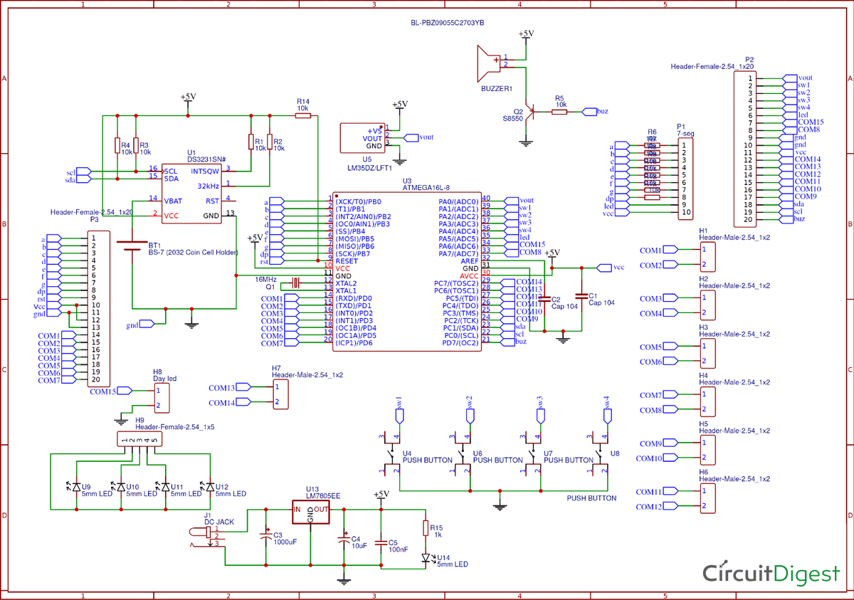 Circuit Diagram for Digital Wall Clock using AVR Microcontroller Atmega16 and DS3231 RTC