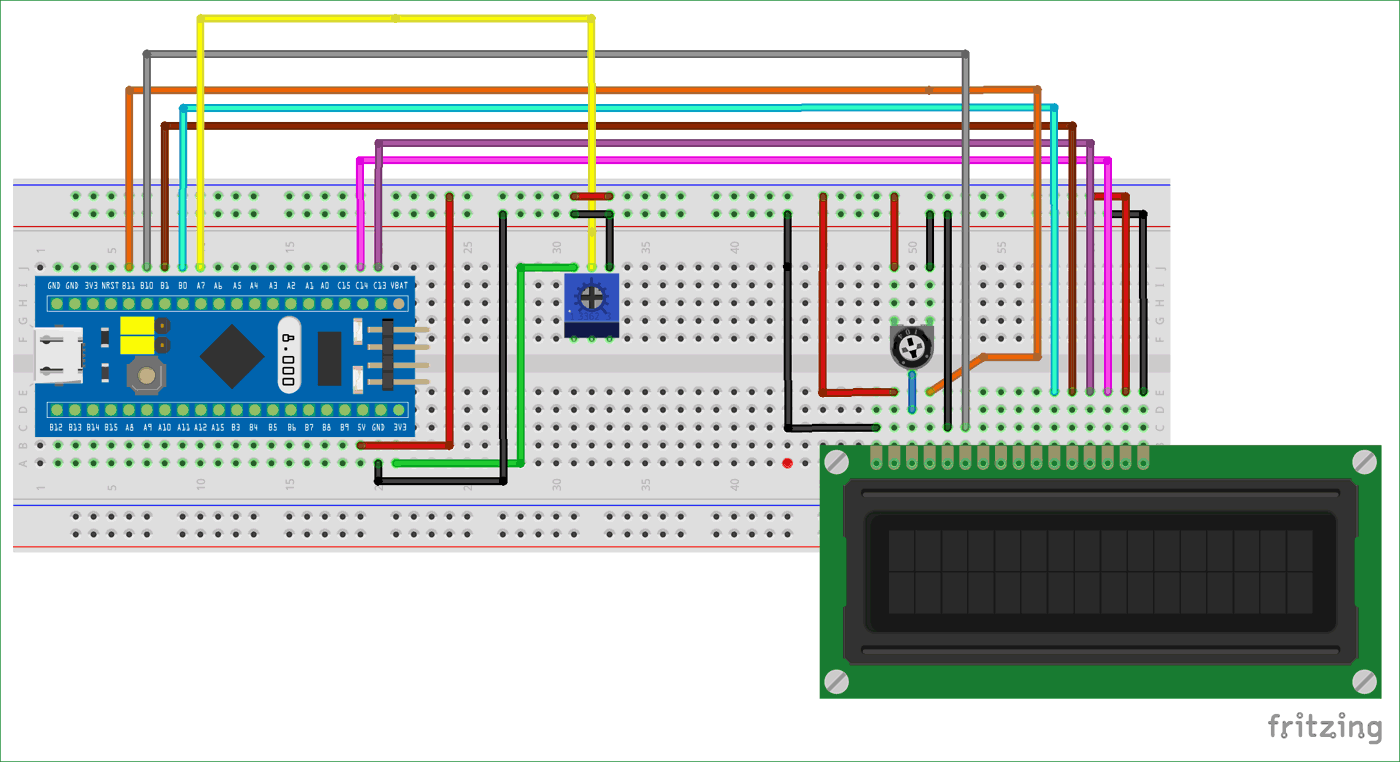 Circuit Diagram for Interfacing 16x2 LCD and Analog Input to a STM32F103C8T6