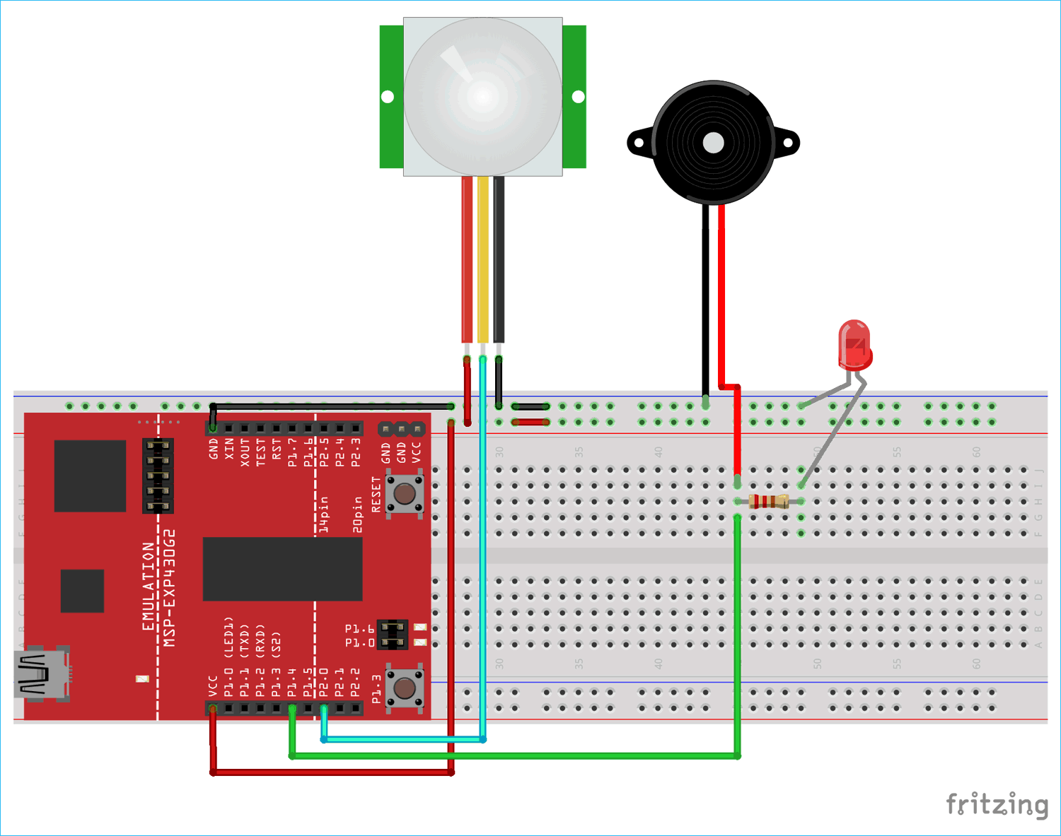 Circuit Diagram for Motion Detector Using MSP430 Launchpad and PIR Sensor