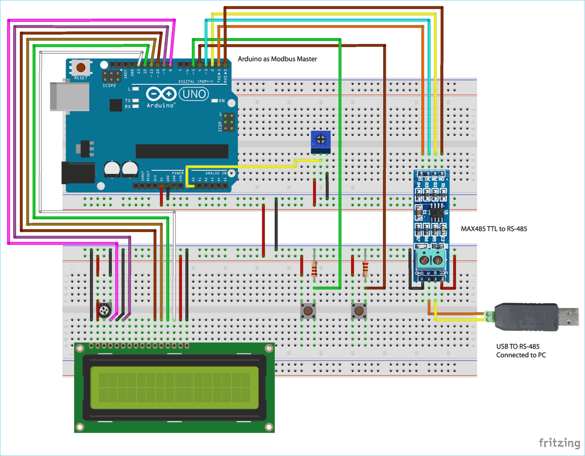 Circuit Diagram for RS-485 MODBUS Serial Communication with Arduino as Master