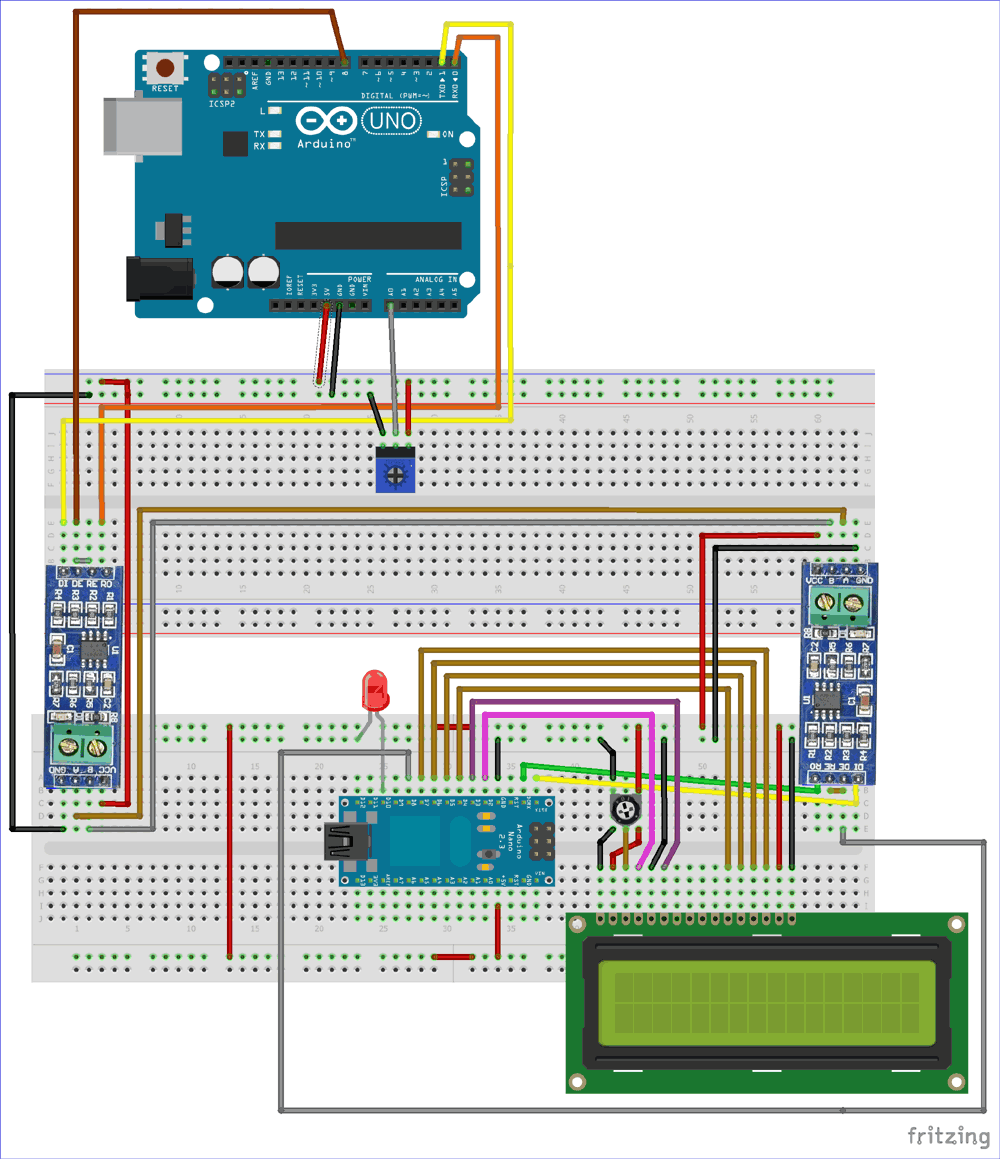 Circuit Diagram for RS485 Serial Communication between Arduino Uno and Arduino Nano