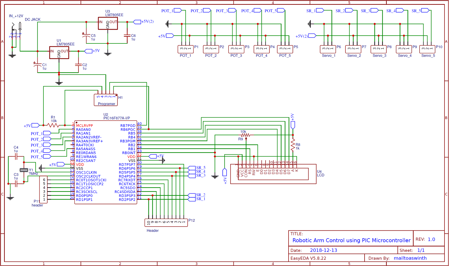 Circuit Diagram for Robotic Arm Control using PIC Microcontroller