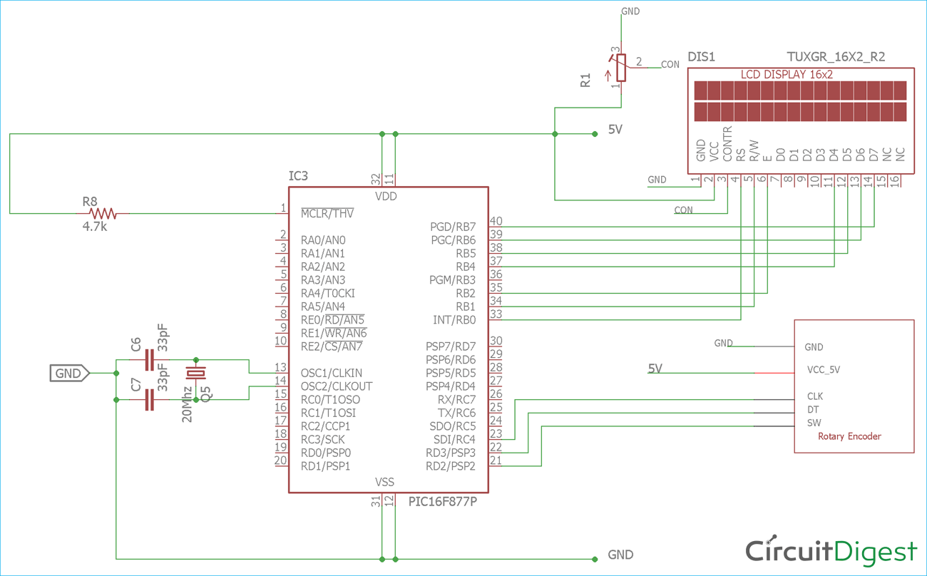 Circuit Diagram for Rotary Encoder interfacing with PIC Microcontroller