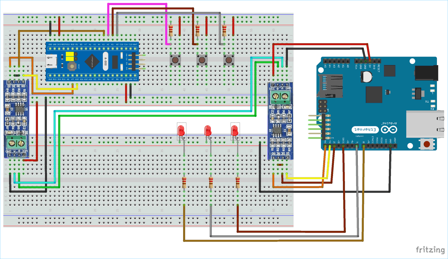 STM32F103C8 and Arduino UNO Serial Communication Circuit Diagram using RS-485