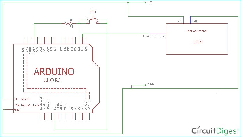 Circuit Diagram for Thermal Printer Interfacing with Arduino Uno