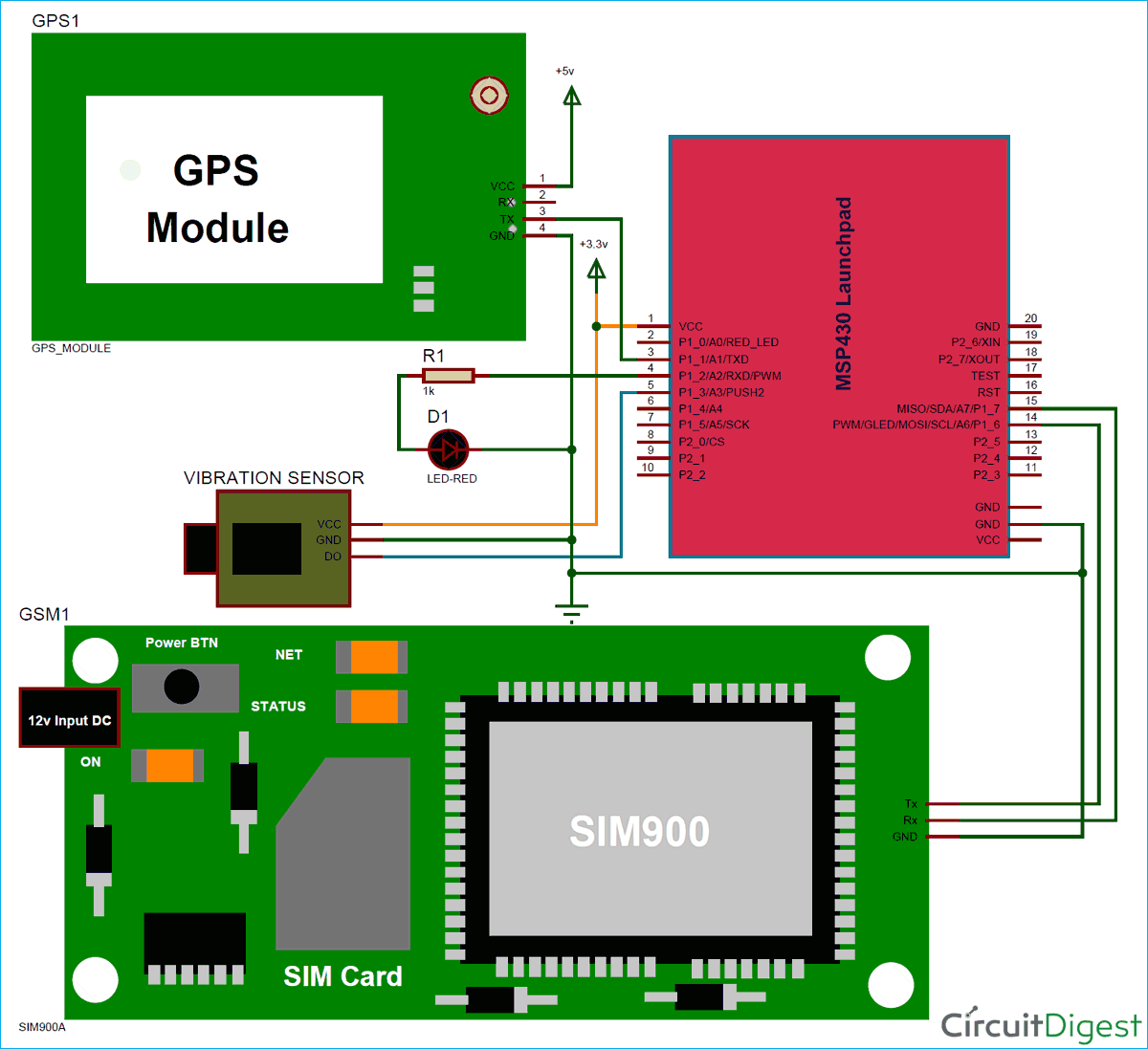 MSP430 SIM900 GSM Module Vibration Sensor Circuit Diagram for Vehicle Tracking