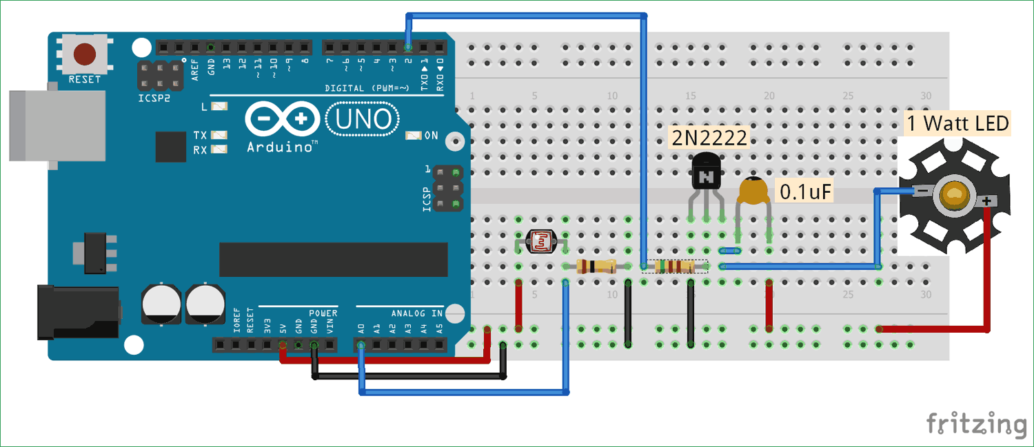 Circuit diagram for Auto Intensity Control of Power LED using Arduino