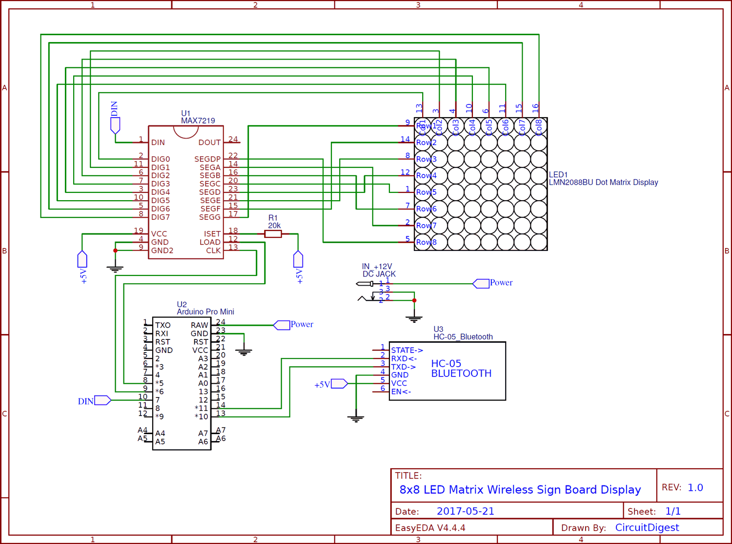 Circuit diagram for Bluetooth Controlled 8x8 LED Wireless Sign Board Display using Arduino