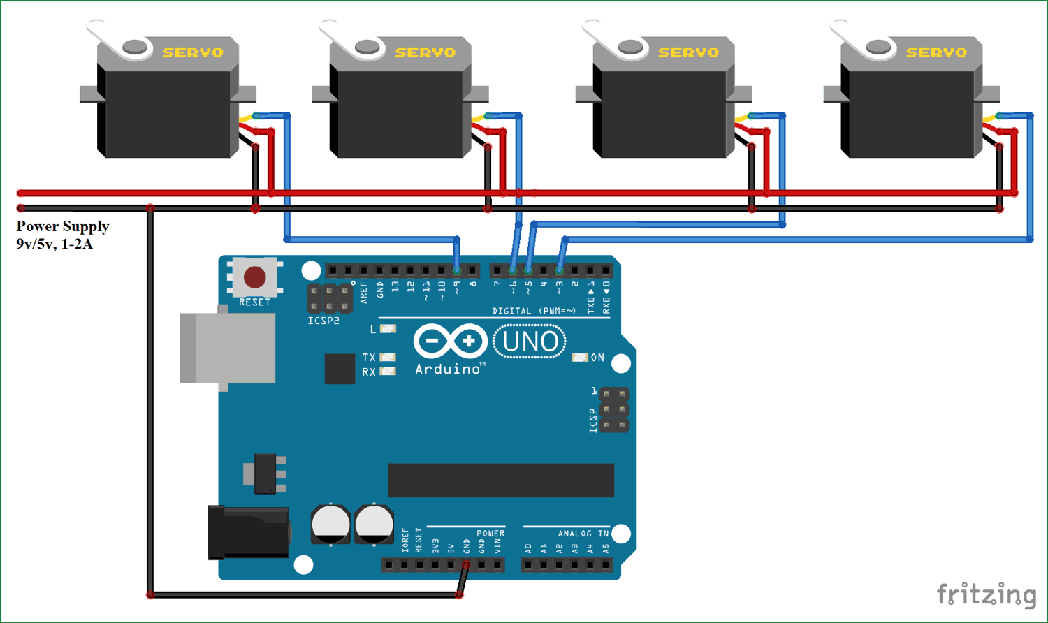 Circuit diagram for Controlling Multiple Servo Motors with Arduino