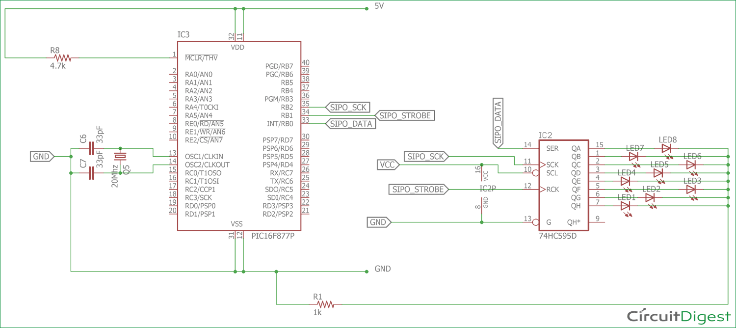 Circuit diagram for Interfacing 74HC595 Serial Shift Register with PIC Microcontroller