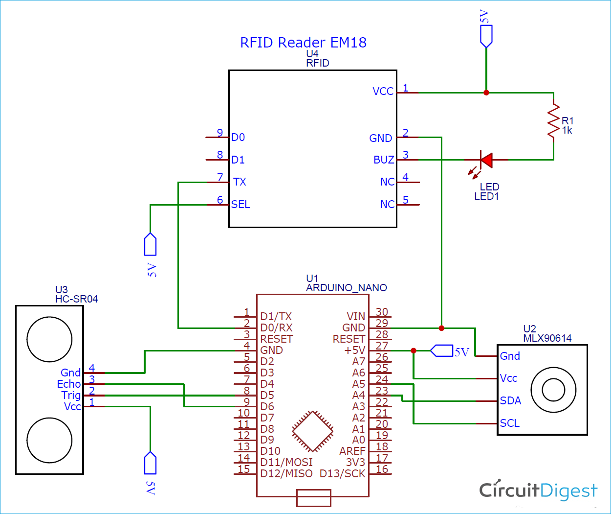 Arduino based RFID Contactless IR Temperature Screening System Circuit Diagram