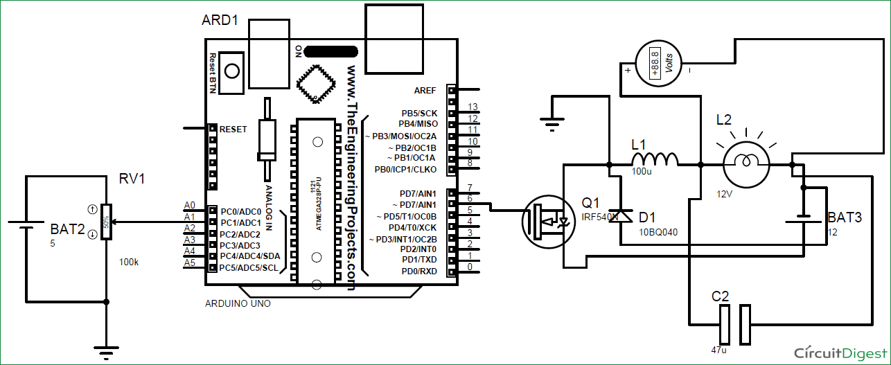 DC-DC Buck Converter circuit diagram using arduino
