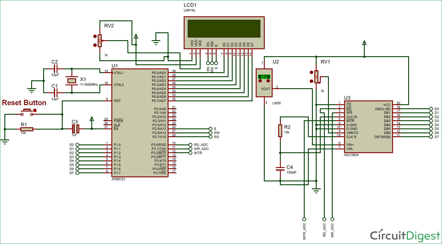 Digital Thermometer circuit diagram using LM35 and 8051