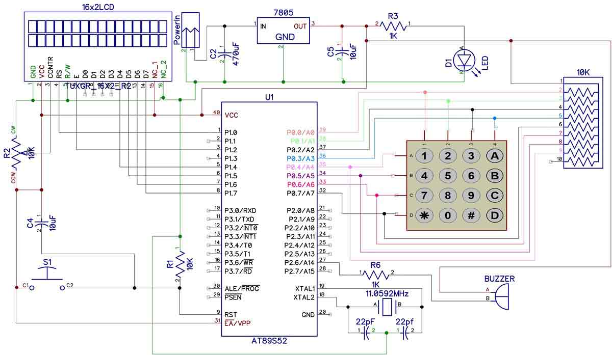 Electronic code lock using 8051 Circuit diagram