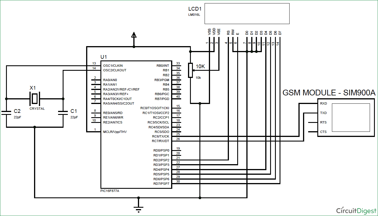GSM interfacing with PIC microcontroller circuit diagram