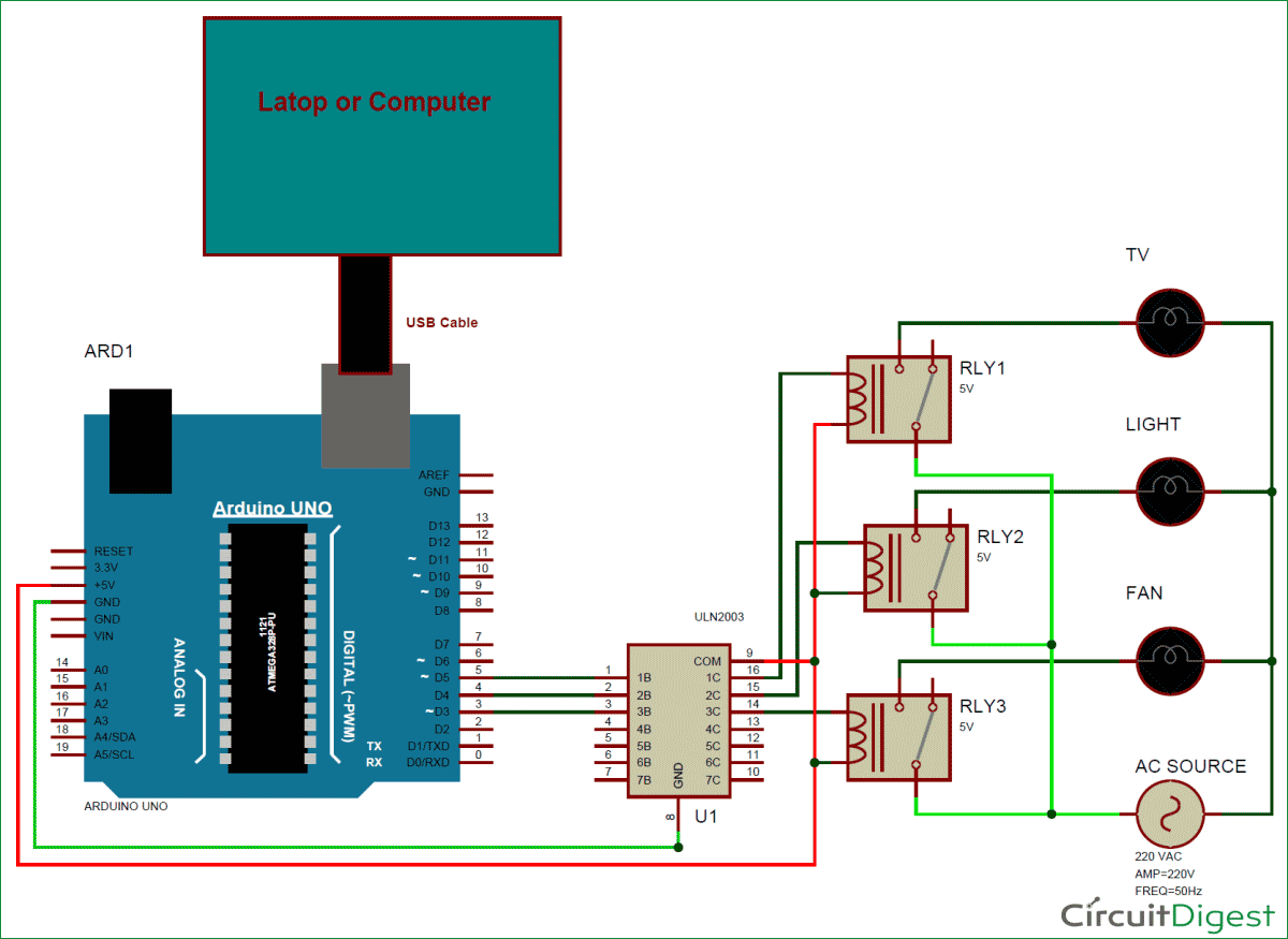 GUI Home Automation using MATLAB and Arduino Circuit Diagram