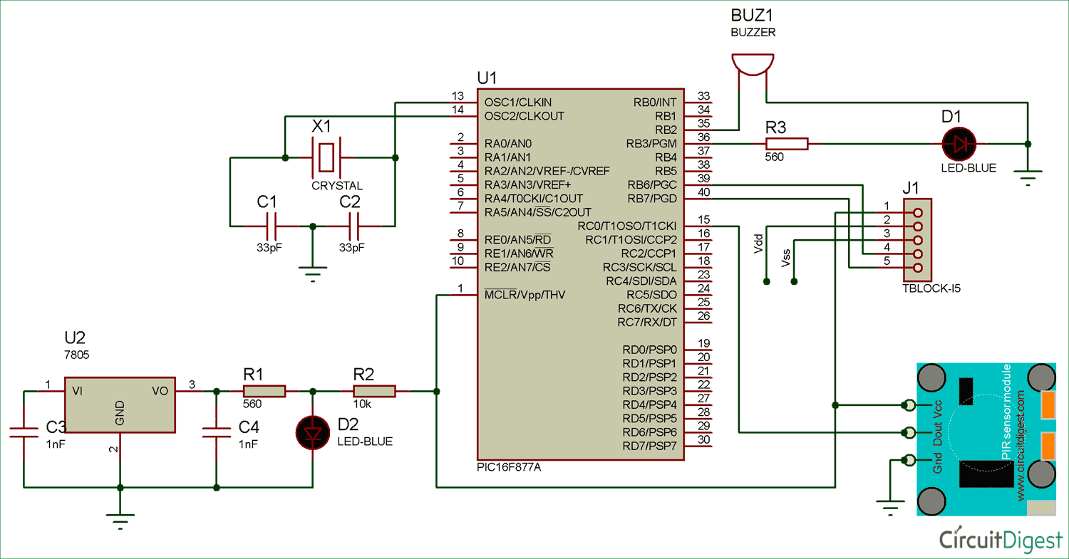 Interfacing Circuit diagram of PIR Sensor with PIC Micro-controller
